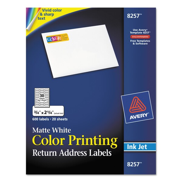 Avery Vibrant Color Mailing Labels, Inkjet, 0.75 x 2.25, Matte White, PK600 08257